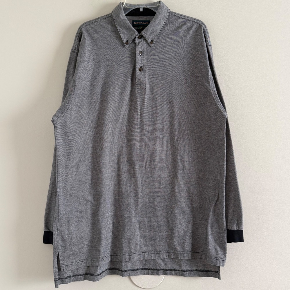VTG Izod Club XL Polo Shirt Gray Micro Stripe Mercerized Cotton Long Sleeve
